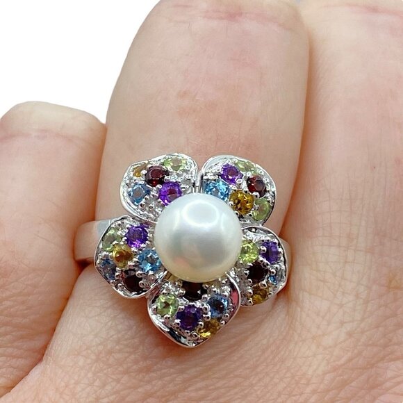 East Art Sterling Silver 8mm Pearl Solitaire Multi-Gemstone Floral Ring Sz 5.75 - Picture 3 of 11